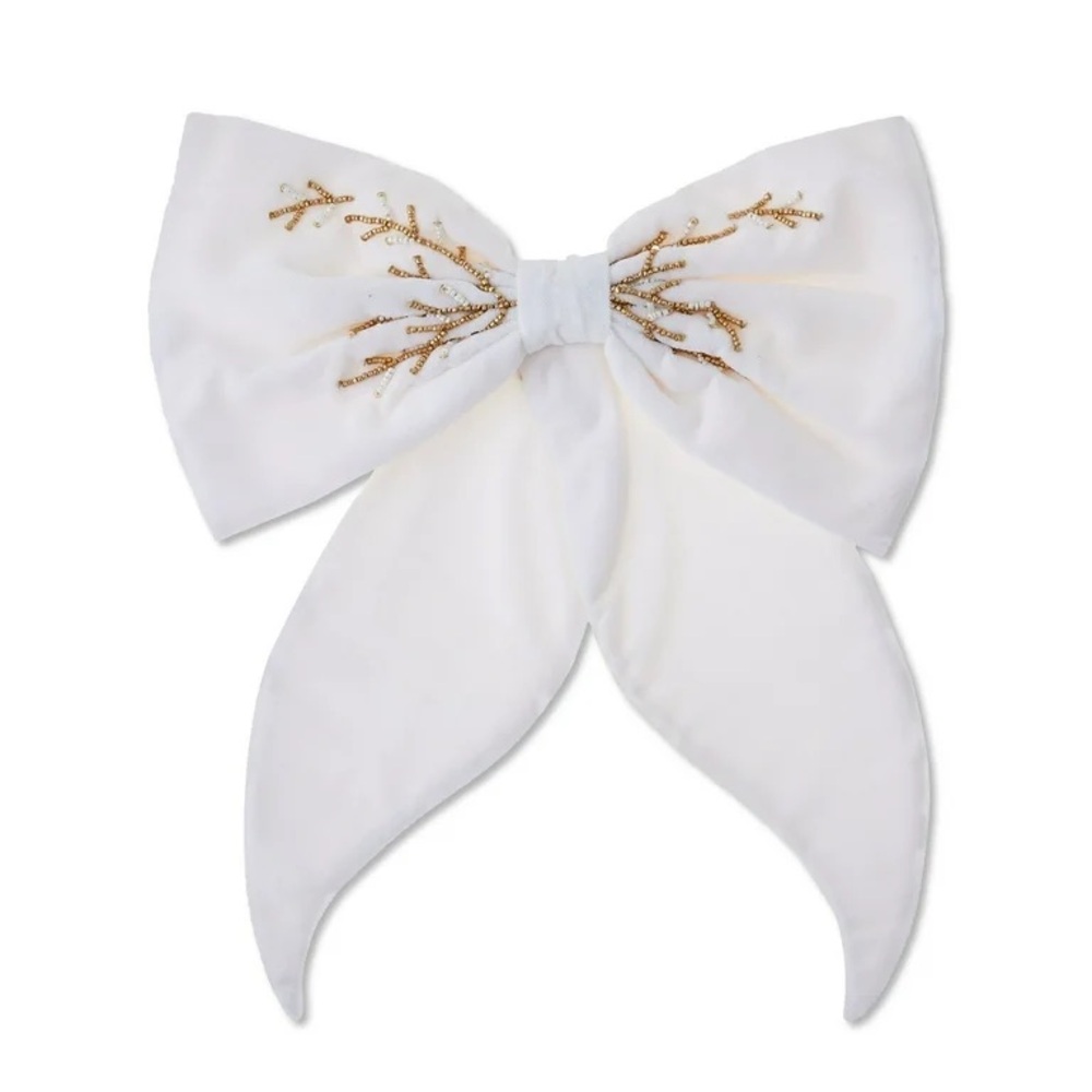 White Velvet Beaded Decorative Christmas Bow, 13", by My Texas House